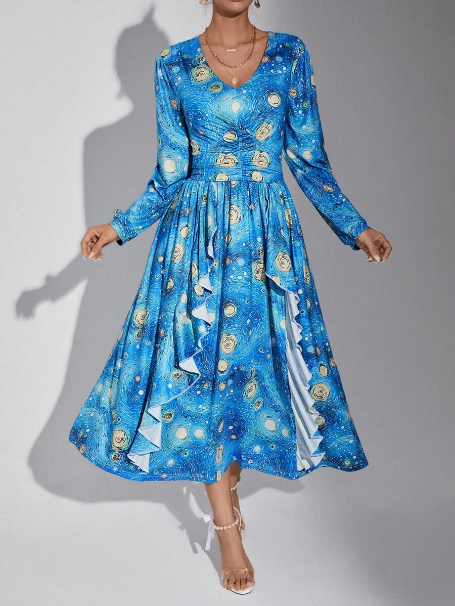 SHEIN Privé Allover Print Ruffle Trim Dress - Blue - View 1