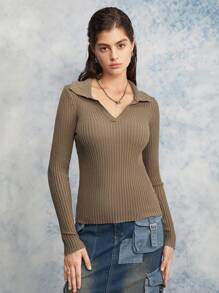 DAZY Damen einfarbiger Polokragen Langarm Pullover, Business Lässig Stil, Herbst, Langarm Oberteile, Herbstmode für Frauen - Khaki - Übersicht 6