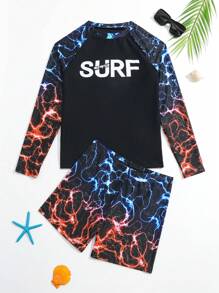 Teen Boy Letter Graphic Beach Swimsuit - Black - View 1