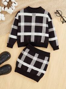 SHEIN Young Girl Plaid Pattern Sweater & Knit Skirt - Black and White - View 1