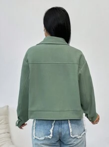 SHEIN Unity 雙口袋落肩袖花呢外套 - 綠色 - 查看 2