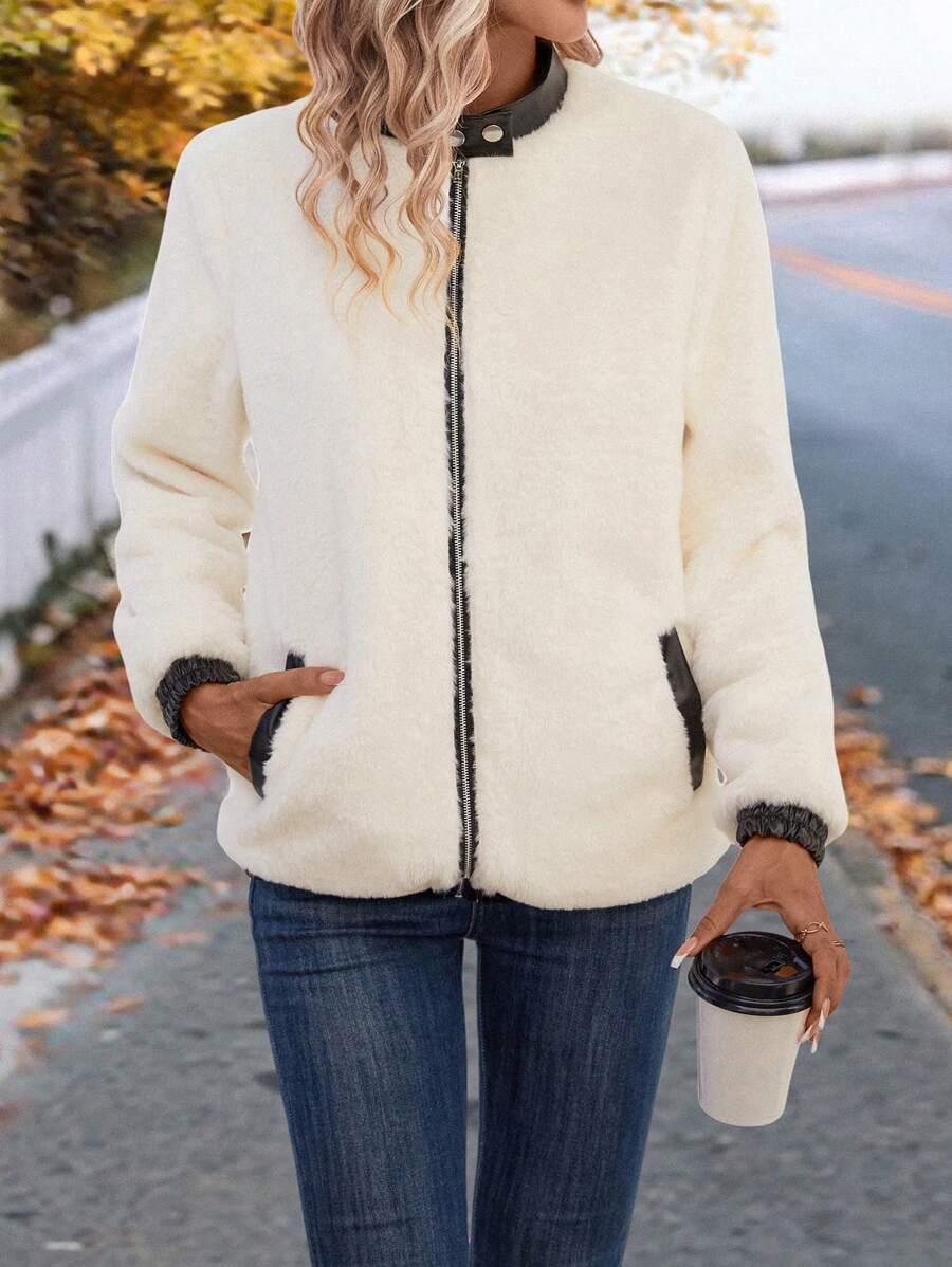 SHEIN LUNE Contrast Trim Slant Pocket Fuzzy Coat - White - View 1