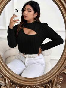 SHEIN Franclia Plus Cut Out Ruffle Trim Tee - Black - View 7