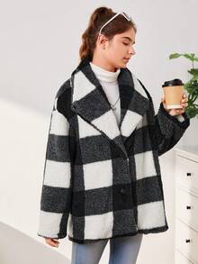 SHEIN 青少年女孩大方格圖案大翻領絨毛外套 - 黑與白 - 查看 6