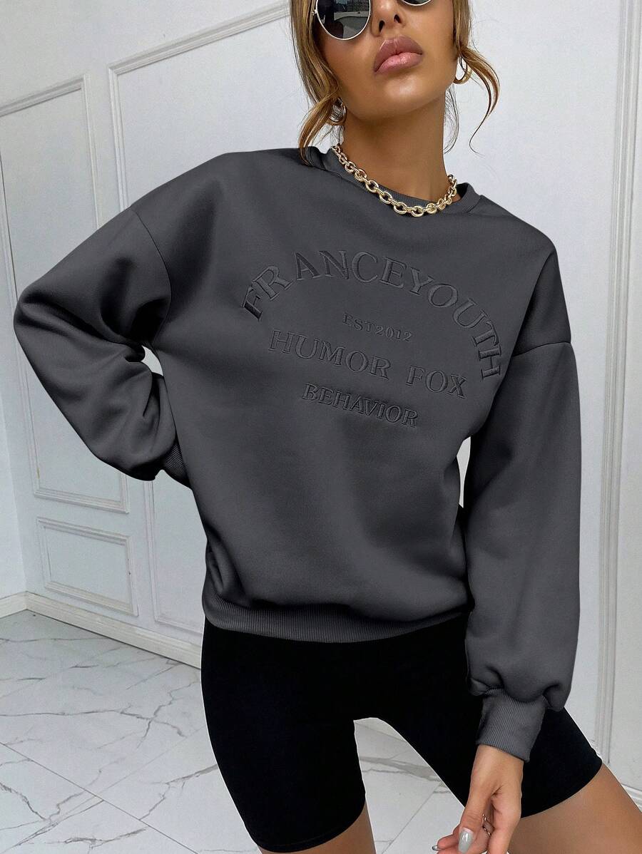SHEIN Unity 字母刺繡落肩袖運動衫 - 灰色 - 查看 1