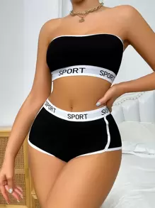 Letter Graphic Contrast Binding Bandeau Lingerie Set, Bra & Panty Set