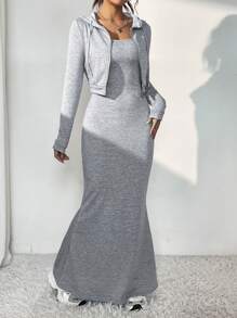 SHEIN EZwear Zip Up Hooded Jacket & Cami Dress - Grey - View 5