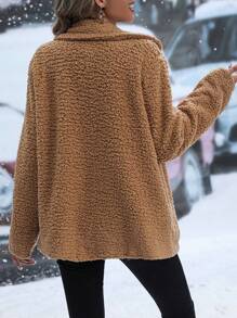 EMERY ROSE Abrigo teddy asimétrico con cremallera - Caqui - Ver 2