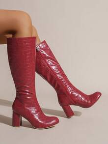 2025秋冬新款时尚圆头休闲高筒靴女高跟马术靴粗跟英伦风 - 紅色 - 查看 5