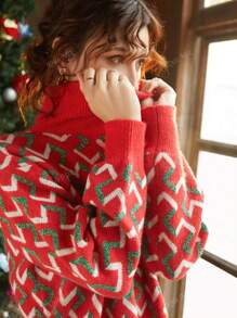 Knit Mix Geo Pattern Drop Shoulder Sweater