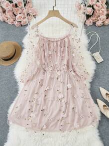 SHEIN CURVE+ Plus Floral Embroidery Mesh Overlay Dress - Pink - View 1