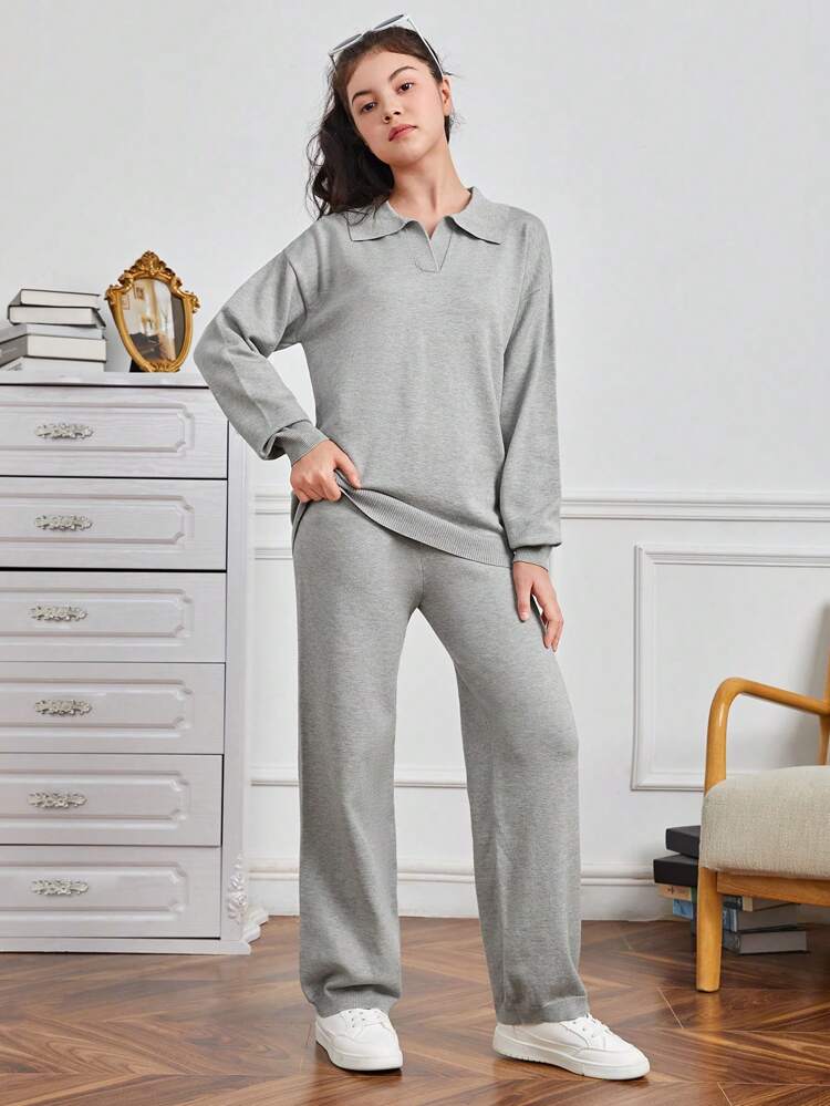 Teen Girl Solid Drop Shoulder Sweater & Knit Pants