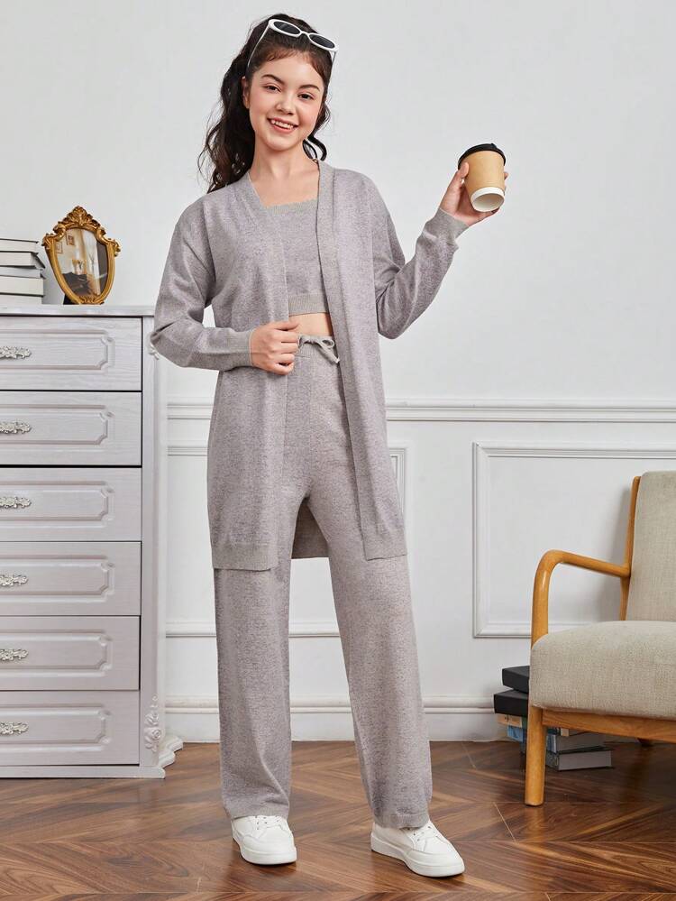 Teen Girl Cami Knit Top & Drop Shoulder Open Front Duster Cardigan & Knit Pants