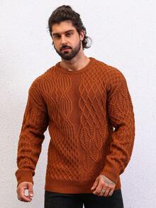 Manfinity Homme 男士素色麻花編織套頭毛衣 - 咖啡棕 - 查看 6
