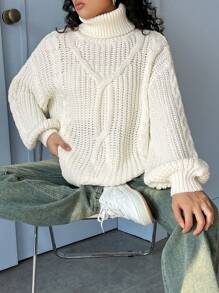 SHEIN EZwear 高領麻花編織落肩袖套頭毛衣 - 米色 - 查看 5