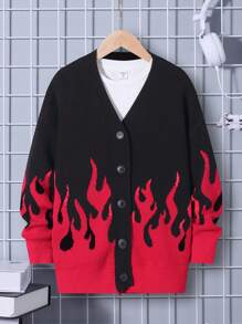 SHEIN Framsida Knappar Eld Enkel Tween Boys Cardigans - Svart - Visa 6