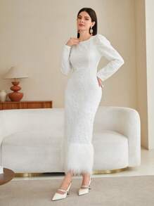 Modelyn Fuzzy Hem Puff Sleeve Jacquard Dress - White - View 4