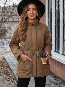 SHEIN LUNE Abrigo acolchado de cintura con cordón con doble bolsillo de hombros caídos - Marrón - Ver 5