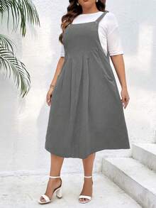 SHEIN LUNE 大碼素色背帶洋裝不帶T恤 - 灰色 - 查看 3