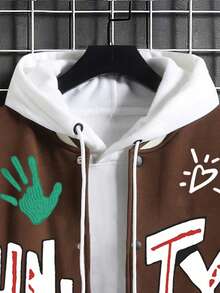 Manfinity Homme Men Plus Letter & Cartoon Graphic Two Tone Baseball Jacket Without Hoodie - Multicolor - View 4