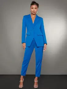 SHEIN BAE Lapel Neck Flap Detail Blazer - Blue - View 3