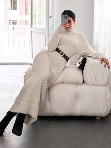 EURMUSE Abito maglione monocolore dolcevita in maglia a trecce spalle cadenti - Grigio - Visualizzare 3