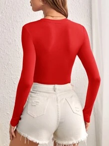SHEIN Essnce Chất rắn Xù Áo phông Crop - Đỏ - Xem 2