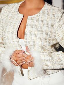 SHEIN SXY 格紋圖案毛茸茸袖口開門襟粗花呢花呢外套 - 彩色 - 查看 4