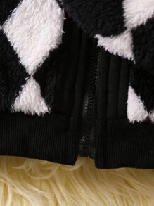 SHEIN Young Boy Argyle Pattern Hooded Teddy Jacket & Bag - Black and White - View 4