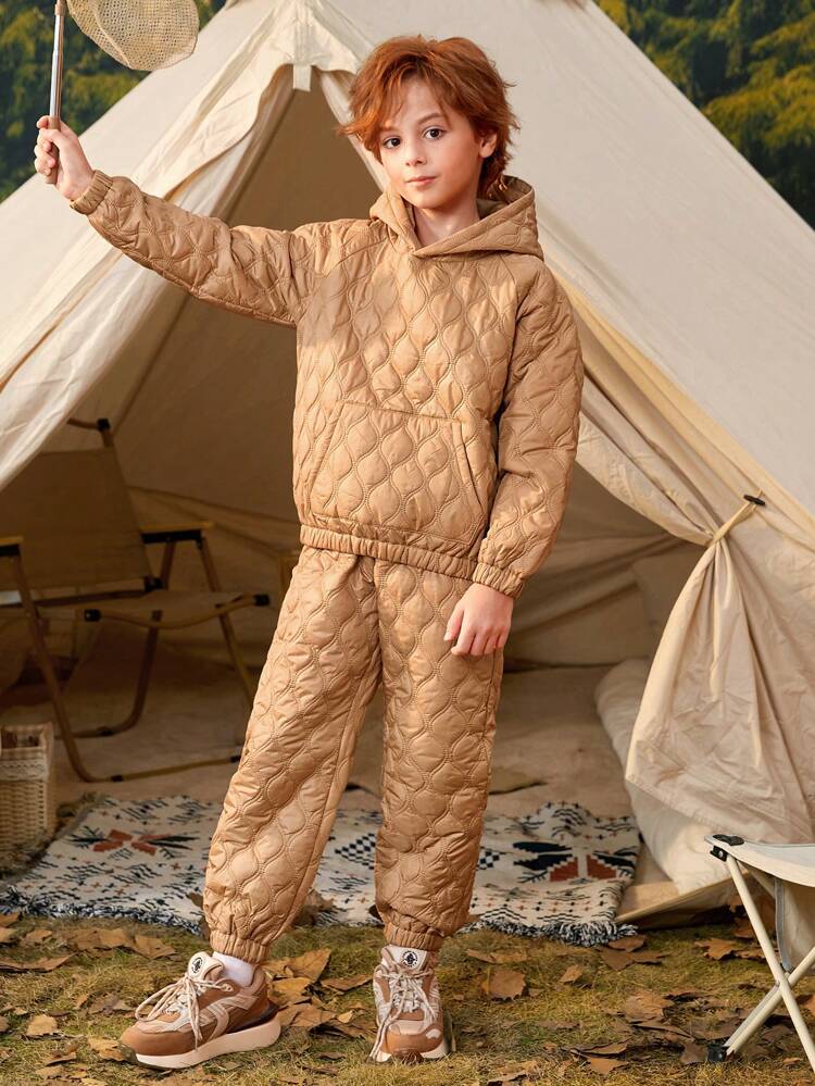 2pcs Tween Boys Solid Color Hooded Fleece Sweatshirt & Pants Set, Thickened