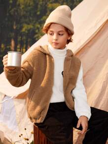 SHEIN Tween Boy Bear Embroidery Two Tone Hooded Teddy Jacket - Khaki - View 6