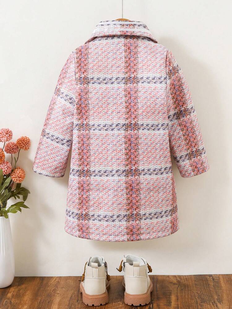 Young Girl 1pc Plaid Pattern Flap Detail Duffle Overcoat