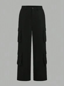 Tween Girl Slogan Graphic Crop Tee & Flap Pocket Pants