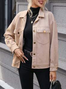 SHEIN LUNE 翻蓋口袋落肩袖外套 - 卡其色 - 查看 3