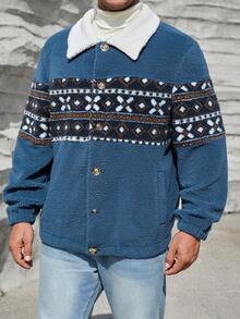 GENTILAND Oversized Men's Plus Size Geometric Print Borg Collar Teddy Lined Jacket - Blue - View 3