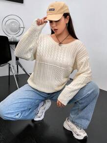 Flirla 大碼後背繫帶落肩袖麻花編織套頭毛衣 - 杏色 - 查看 6