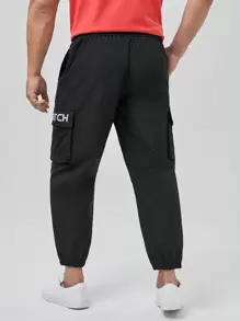 Manfinity Homme Men Plus Letter Graphic Flap Pocket Side Drawstring Waist Cargo Pants - Black - View 2
