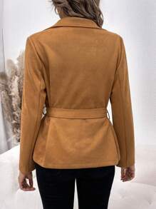 SHEIN Clasi 西裝領雙排釦腰帶仿麂皮外套 - 卡其色 - 查看 2