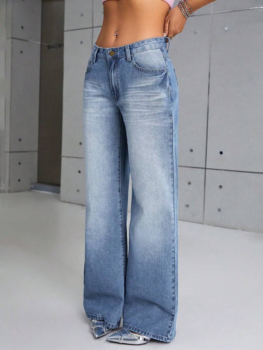 SHEIN ICON 斜口袋闊腿牛仔褲 - 淺色水洗藍 - 查看 1