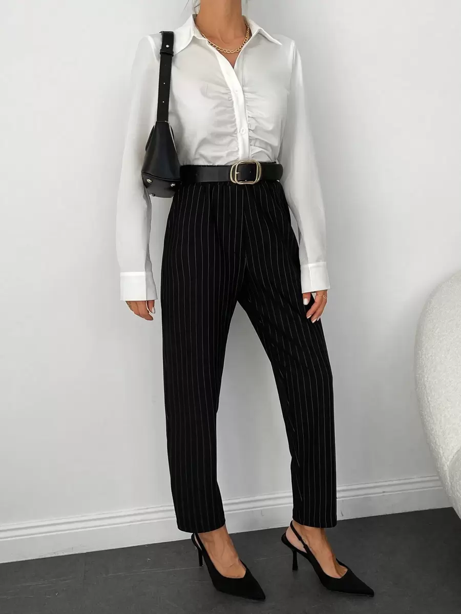 RueChic Striped Print Pants Without Belt - Black and White - View 1