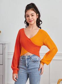 Teen Girl Two Tone Crossover Sweater