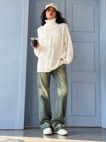 SHEIN EZwear 高領麻花編織落肩袖套頭毛衣 - 米色 - 查看 4