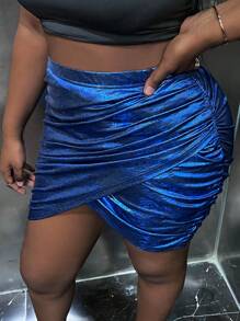 Slaydiva Plus Ruched Wrap Hem Metallic Bodycon Skirt - Royal Blue - View 3