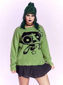 The Powerpuff Girls | ROMWE Plus Cartoon Pattern Distressed Drop Shoulder Sweater - Green - View 3
