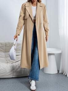 SHEIN Essnce Lapel Neck Drop Shoulder Belted Trench Coat - Khaki - View 6