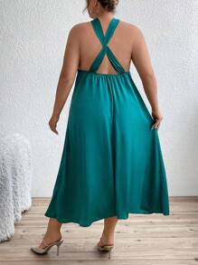 Flirla Plus Solid Twist Front Dress - Teal Blue - View 2