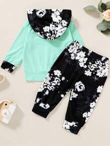 女嬰2入組花卉圖案圖案撞色袋鼠口袋連帽衫和運動褲,柔軟和舒服閒暇 - 彩色 - 查看 2