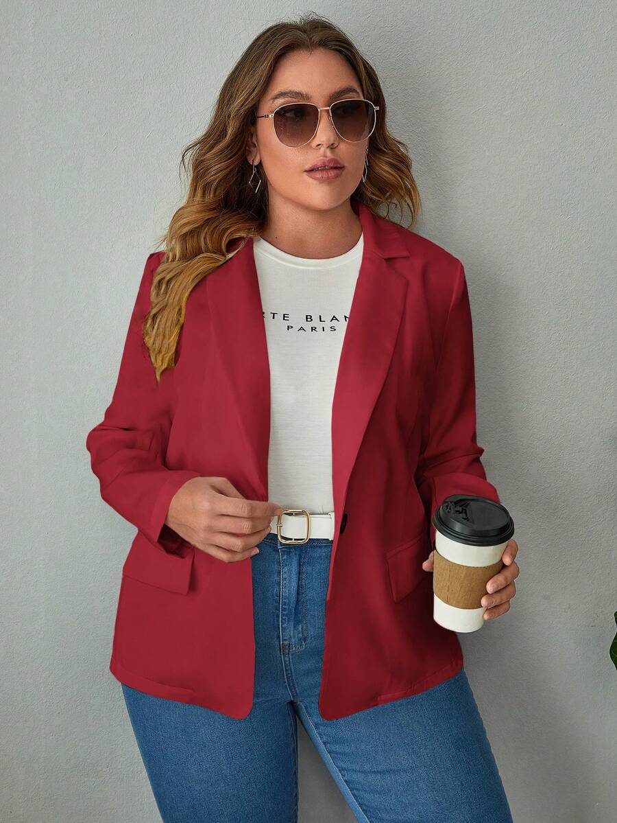 SHEIN Essnce 大碼西裝領單釦西裝外套 - 酒紅色 - 查看 1