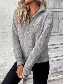 SHEIN LUNE Áo len chui đầu tay dài phối màu tương phản, khóa kéo ¼, vai rớt, thích hợp cho mùa thu đông. - Xám - Xem 5