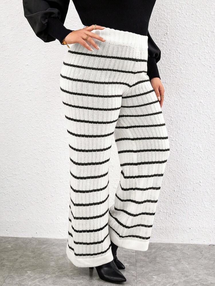 Plus Striped Pattern Wide Leg Knit Pants